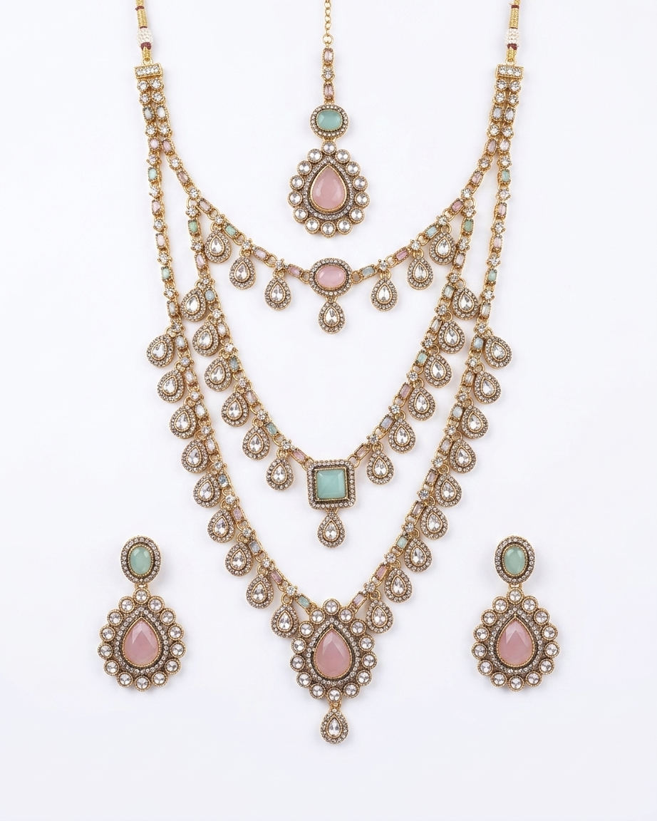 Antique Kundan Layered Necklace Set with Multicolor Gemstones