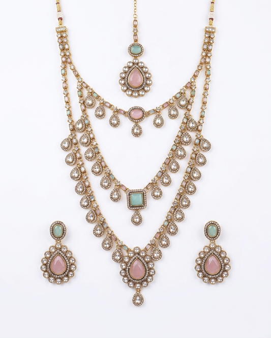 Antique Kundan Layered Necklace Set with Multicolor Gemstones