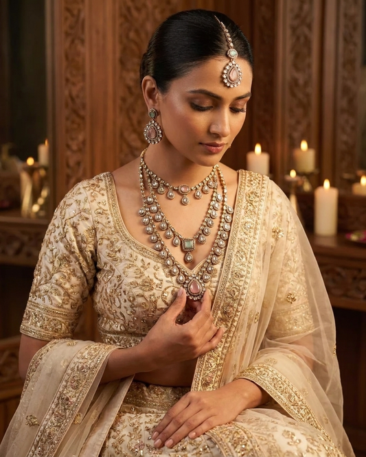 Antique Kundan Layered Necklace Set with Multicolor Gemstones
