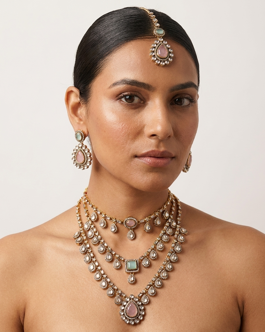 Antique Kundan Layered Necklace Set with Multicolor Gemstones