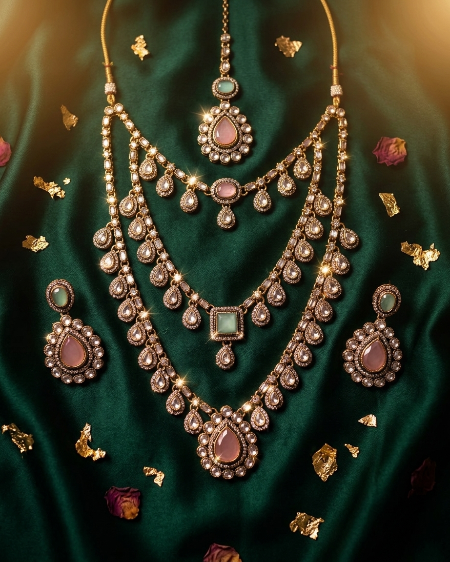 Antique Kundan Layered Necklace Set with Multicolor Gemstones