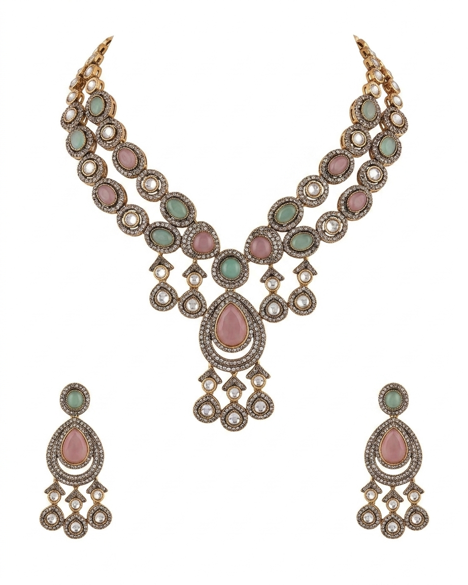 Oxidized Multi-Strand Necklace Set with Pastel Gemstones