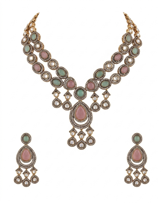 Oxidized Multi-Strand Necklace Set with Pastel Gemstones