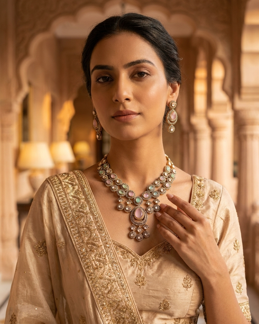 Oxidized Multi-Strand Necklace Set with Pastel Gemstones