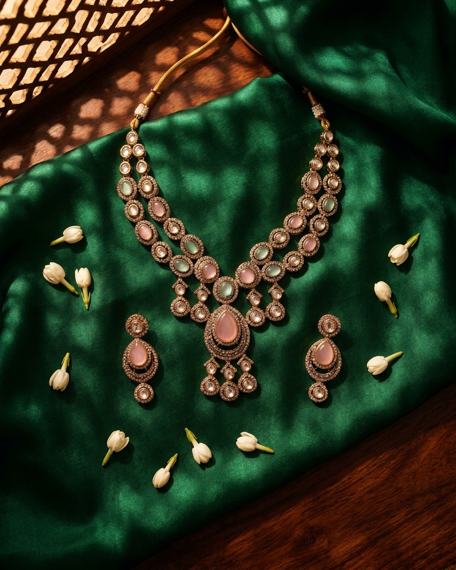 Oxidized Multi-Strand Necklace Set with Pastel Gemstones