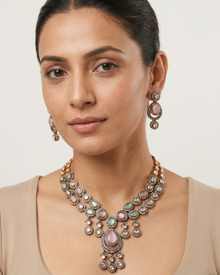Oxidized Multi-Strand Necklace Set with Pastel Gemstones