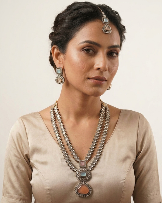 Oxidized Silver Necklace Set with Gemstone Accents