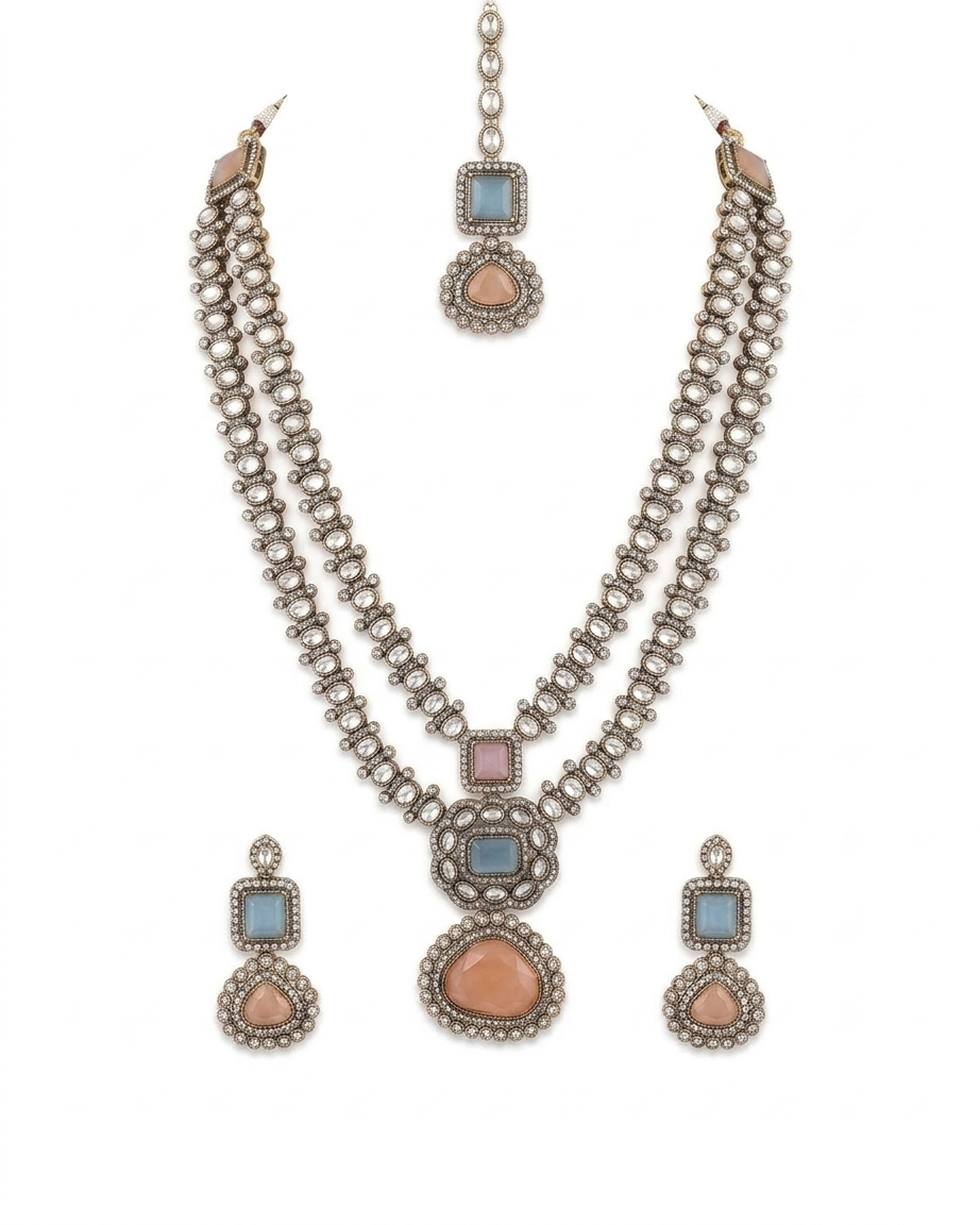 Oxidized Silver Necklace Set with Gemstone Accents