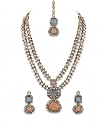 Oxidized Silver Necklace Set with Gemstone Accents