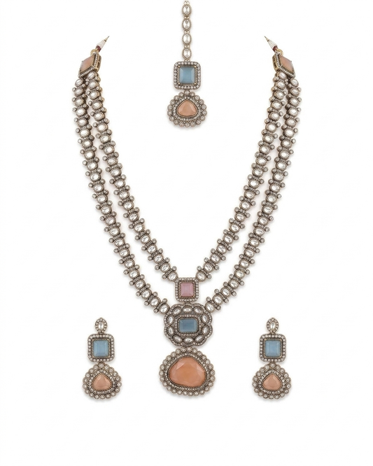 Oxidized Silver Necklace Set with Gemstone Accents