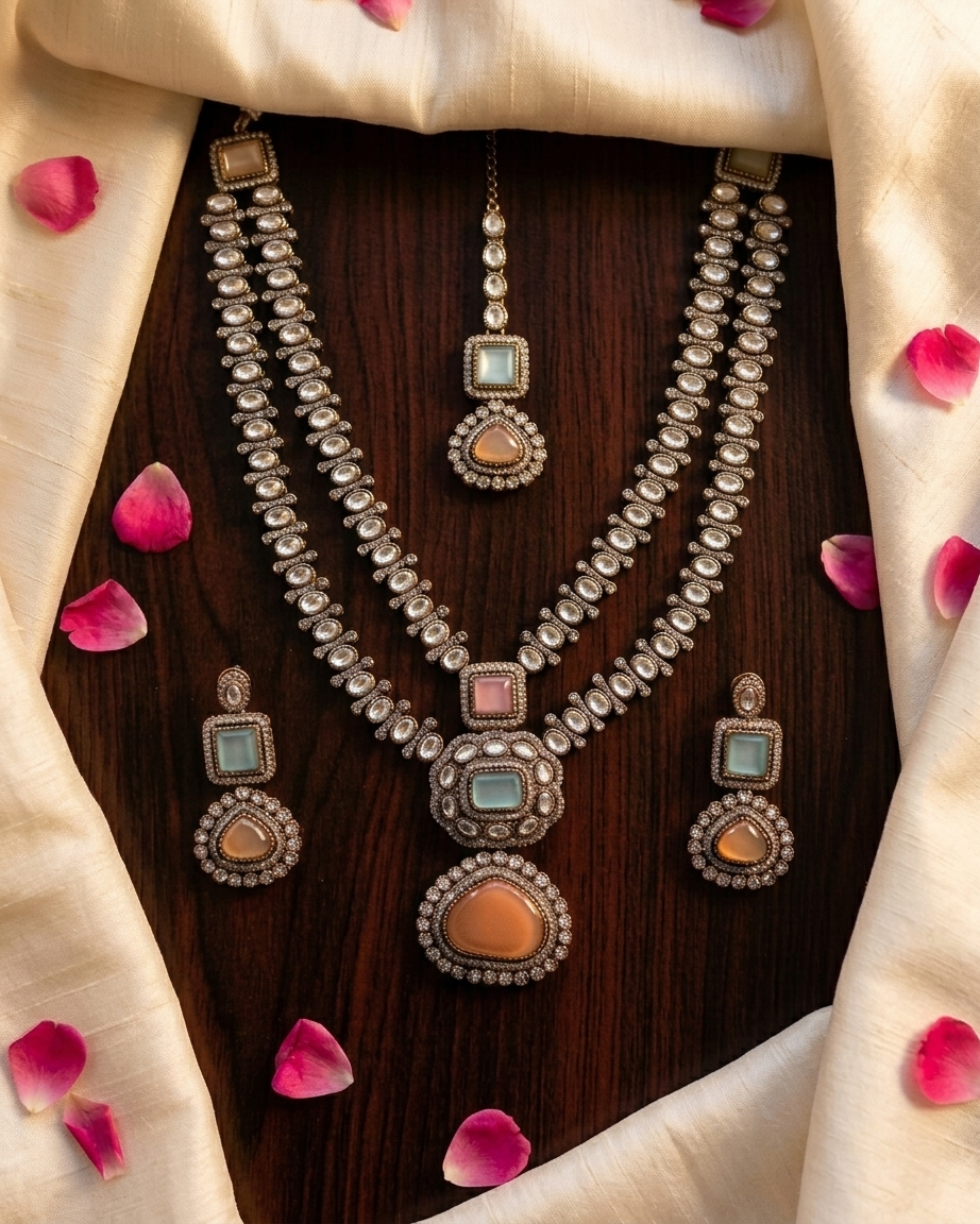 Oxidized Silver Necklace Set with Gemstone Accents