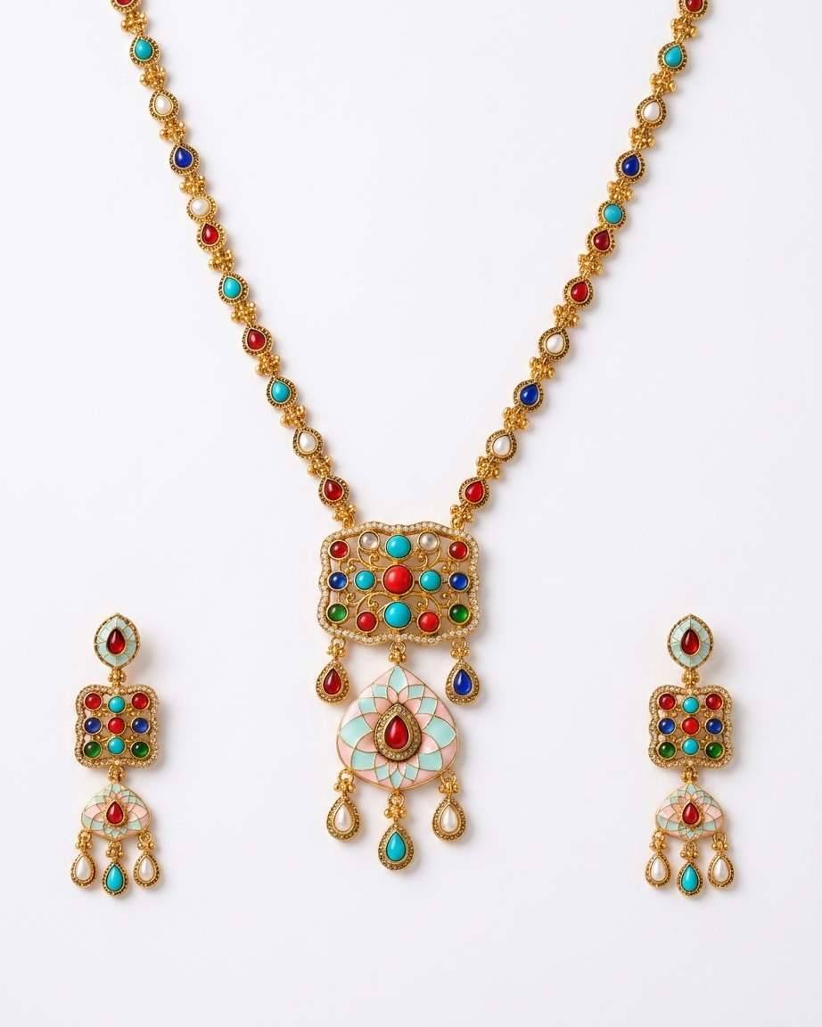 Antique Gold Navratan Pendant Necklace Set