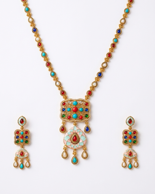 Antique Gold Navratan Pendant Necklace Set