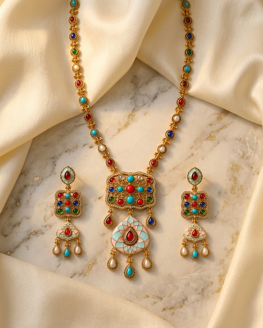 Antique Gold Navratan Pendant Necklace Set