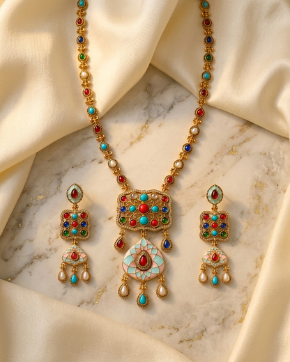 Antique Gold Navratan Pendant Necklace Set