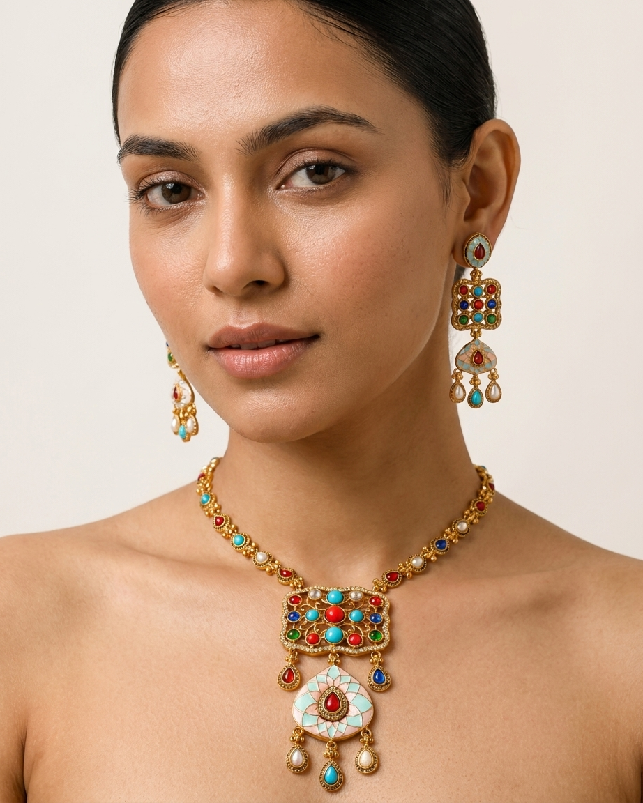 Antique Gold Navratan Pendant Necklace Set