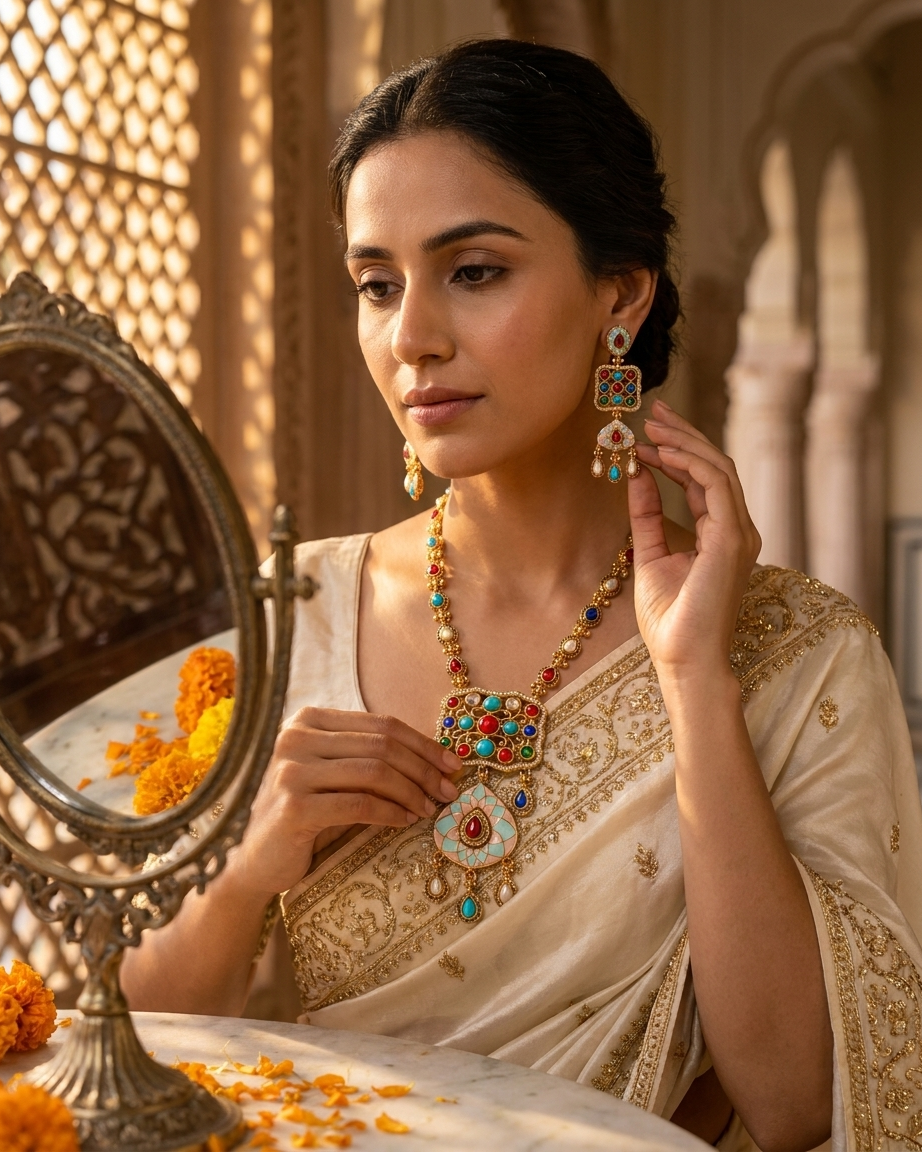 Antique Gold Navratan Pendant Necklace Set
