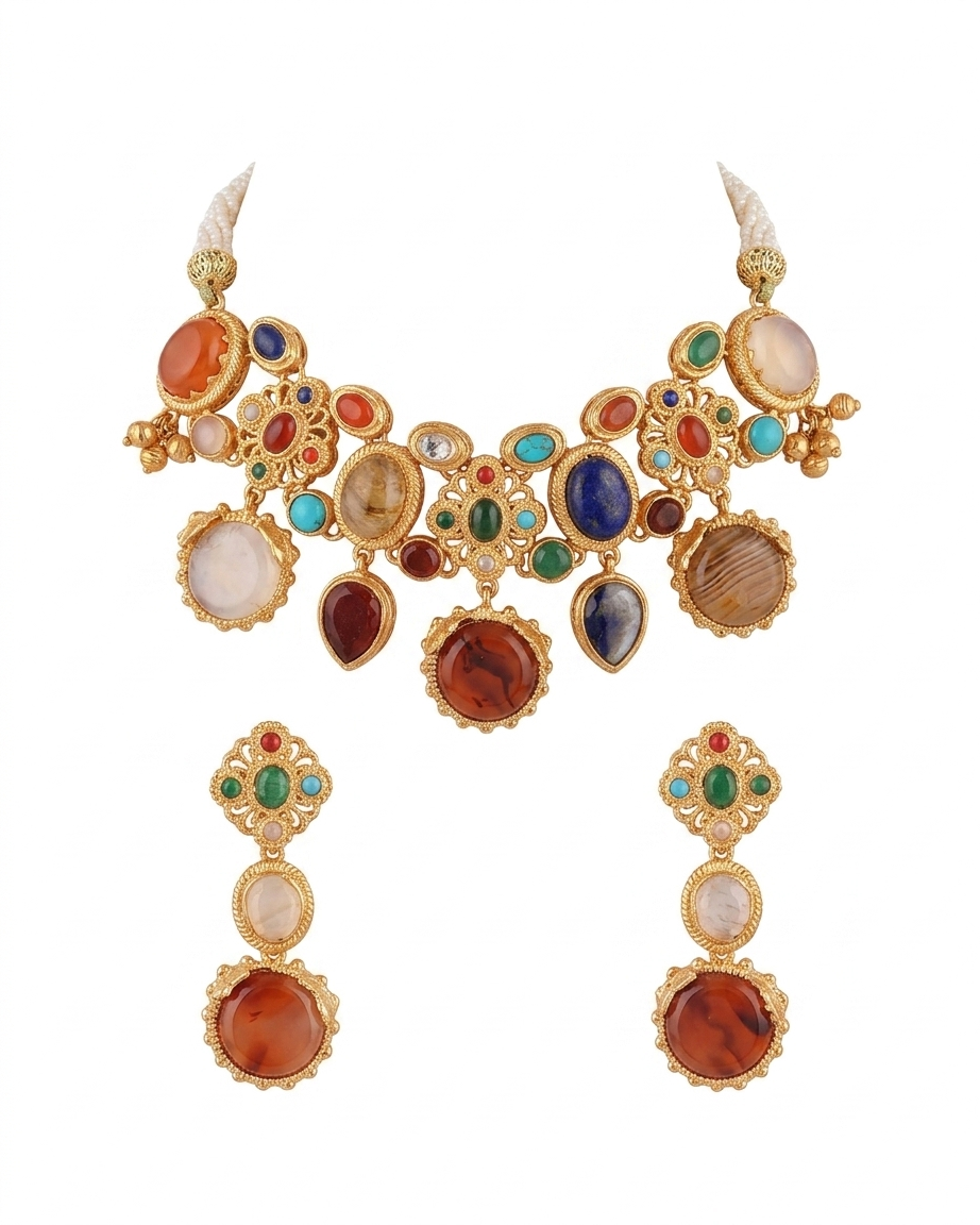 Gemstone Cluster Choker Necklace Set with Multicolor Stones