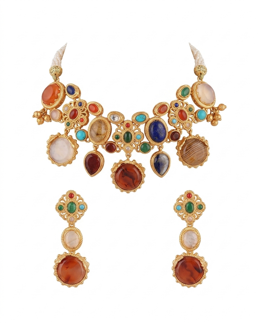Gemstone Cluster Choker Necklace Set with Multicolor Stones