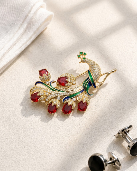 Ruby Emerald Peacock Brooch