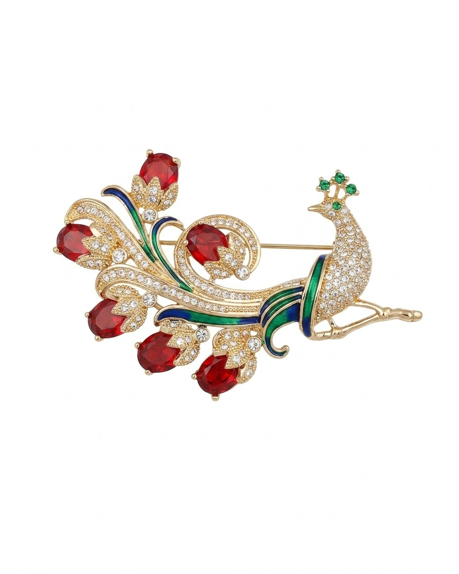 Ruby Emerald Peacock Brooch