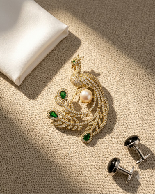 Pearl Emerald Peacock Brooch