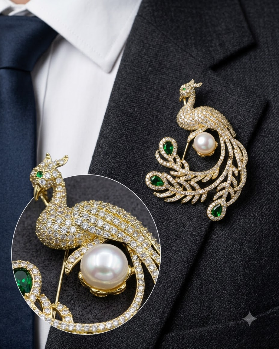 Pearl Emerald Peacock Brooch