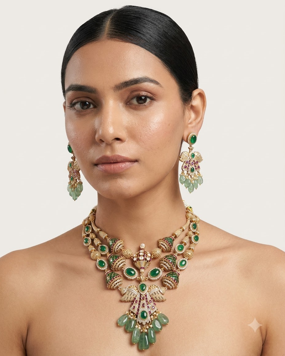 Emerald Jadau Statement Necklace Set
