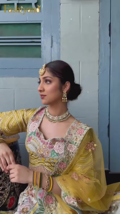 Antique Gold Floral Embroidered Bridal Lehenga Set
