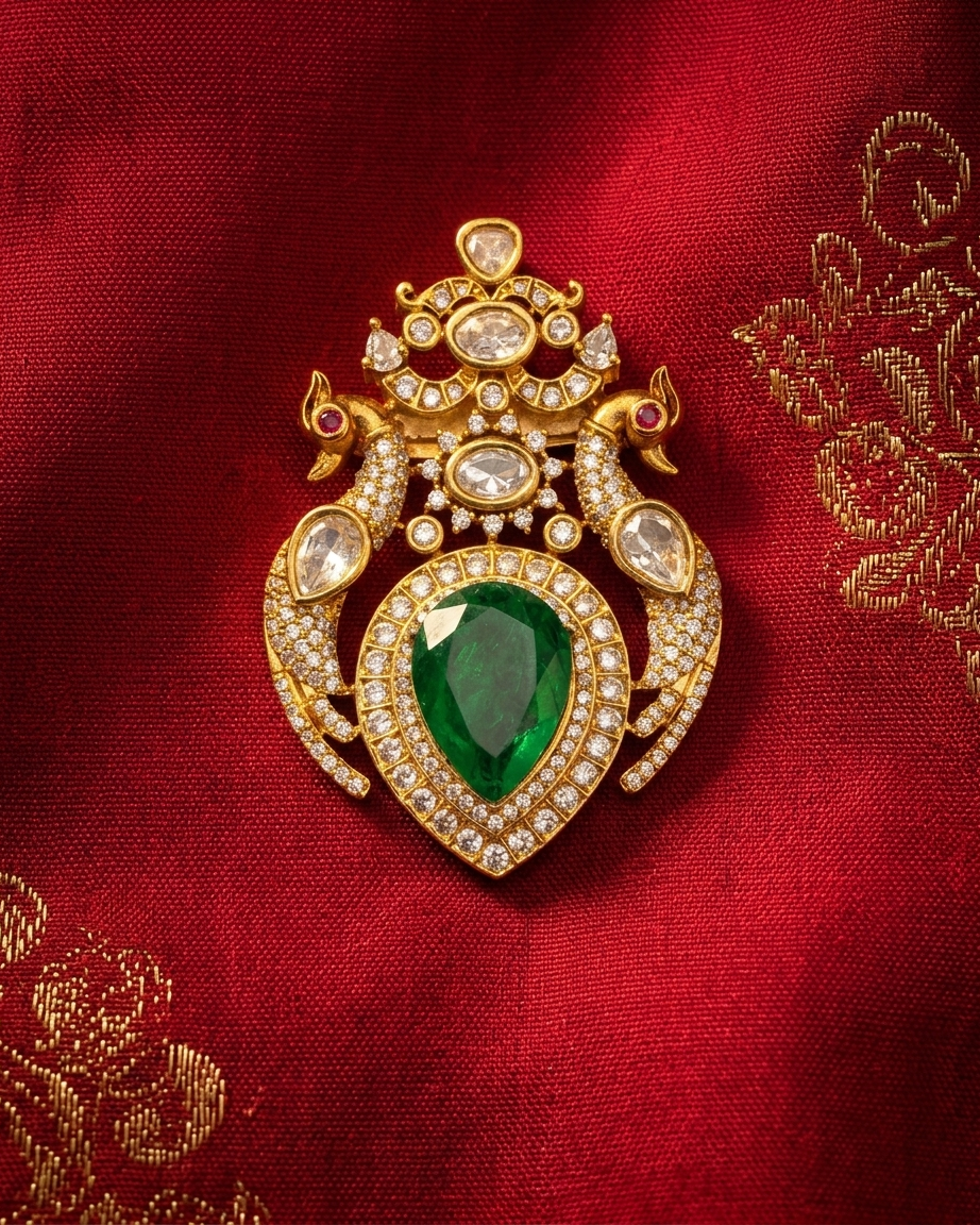Royal Emerald Peacock Kundan Brooch