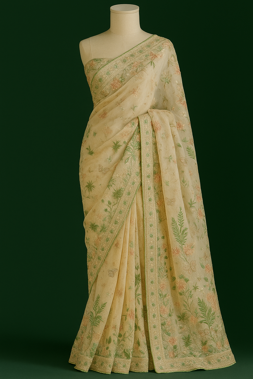 Embroidered Silk Saree - Cream